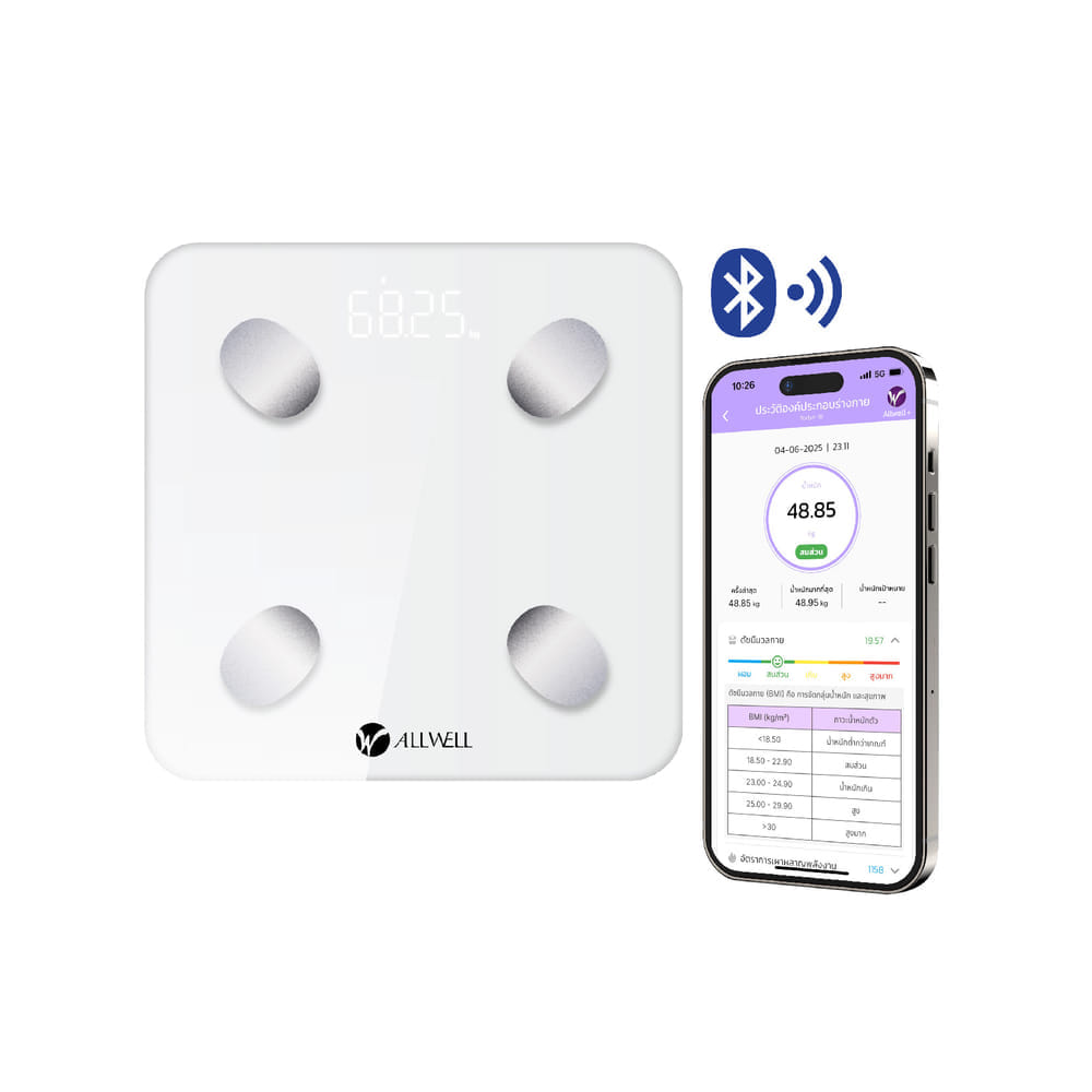 เครื่องชั่งน้ำหนัก เชื่่อมแอปได้ วัดได้ 20 ค่า ALLWELL รุ่น BodyA-1B สีขาว_0